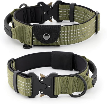 Plutus Pet Tactical Dog Collar with Tracker Pocket for AirTag, Adjustable Reflective Nylon Collar, Metal Buckle, Leather-Wrapped Handle, Soft Padded for Medium Large Dogs (Ranger Green, S)