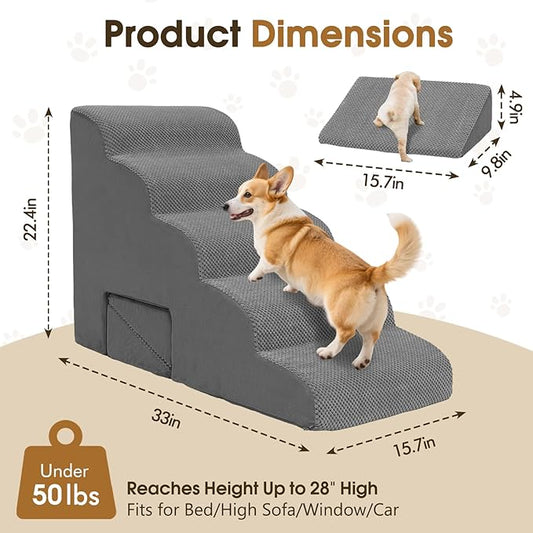 MALOROY Dog Stairs for High Beds 20-24 inches Tall, 5-Step Dog Steps for Bed for Small Dogs, Doggie Ramp for Bed, 30D Foam Pet Stairs for Old Dogs/Cats for Bedsides Climbing, Free-Installation, Grey