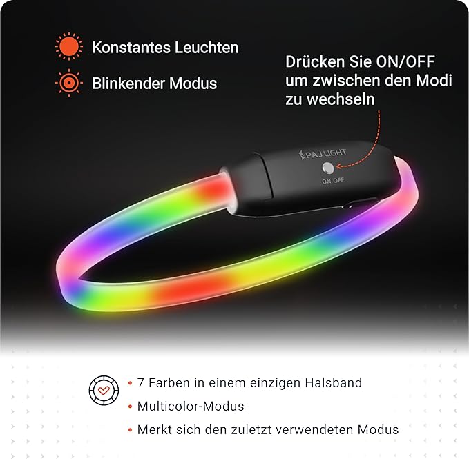 PAJ GPS – PAJ Light – Glowing LED Collar for Dogs – Cut-to-Fit (20–70 cm) – 100% Waterproof – 7 Color Modes – Night Safety & Visibility