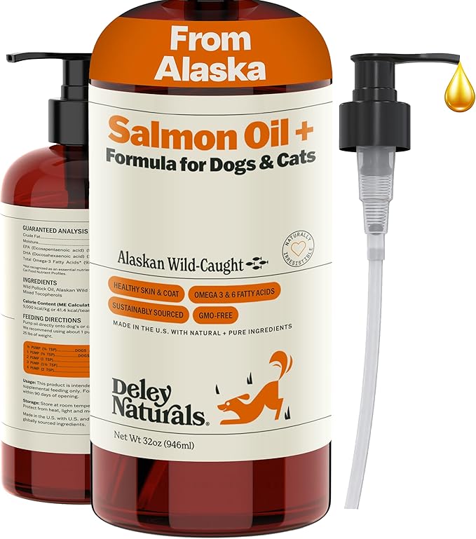 Deley Naturals Wild Alaskan Salmon Oil for Dogs & Cats - New & Improved Salmon Oil Plus Formula - Fish Oil for Dogs with DHA EPA Omega 3 & 6 Fatty Acids - Omega 3 for Skin & Coat - 32oz Made in USA
