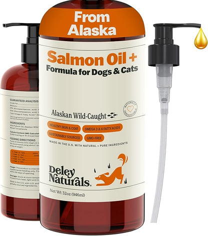 Deley Naturals Wild Alaskan Salmon Oil for Dogs & Cats - New & Improved Salmon Oil Plus Formula - Fish Oil for Dogs with DHA EPA Omega 3 & 6 Fatty Acids - Omega 3 for Skin & Coat - 32oz Made in USA