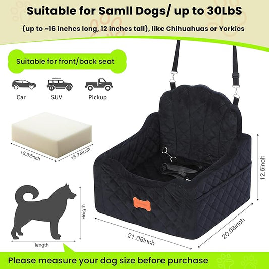 koneboss Dog Car Seat for Small Dogs Under 30lbs, Detachable Washable Pet Booster Seat with Safety Belt & Storage Pockets, Travel Car Bed, Black