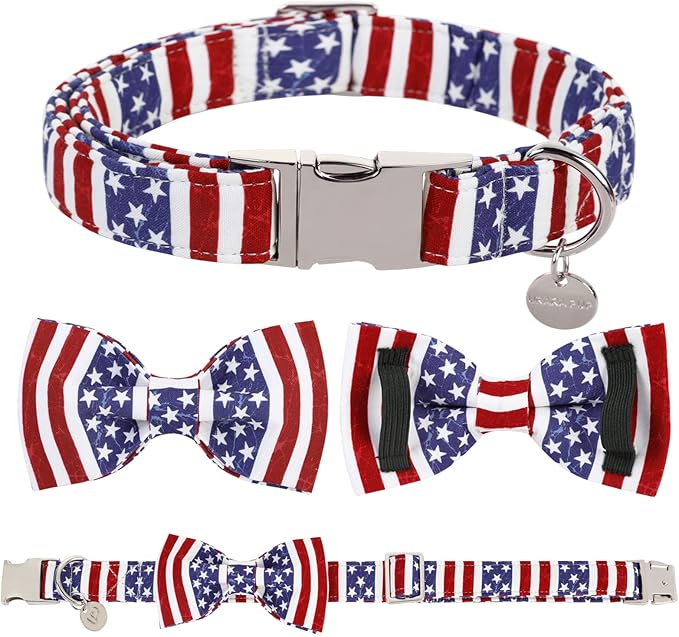 UP URARA PUP Dog Collar with Bow Tie, 4th of July Comfortable Cotton Dog Collar, American Flag Collar for X-Large Girl Boy Dog, Patriotic Bowtie Collar with Metal Buckle, XL
