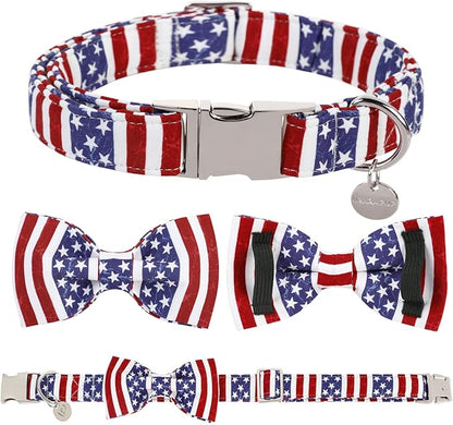 UP URARA PUP Dog Collar with Bow Tie, 4th of July Comfortable Cotton Dog Collar, American Flag Collar for X-Large Girl Boy Dog, Patriotic Bowtie Collar with Metal Buckle, XL