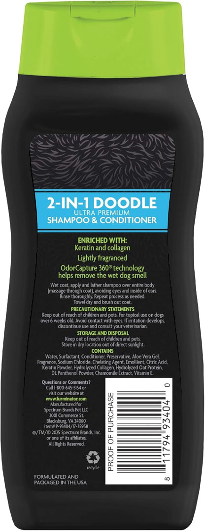 FURminator 2-in-1 Doodle Ultra Premium Shampoo & Conditioner, 16 Ounces, Conditions Fur to Reduce Tangles for Curly, Long, Silky & Wiry Coats