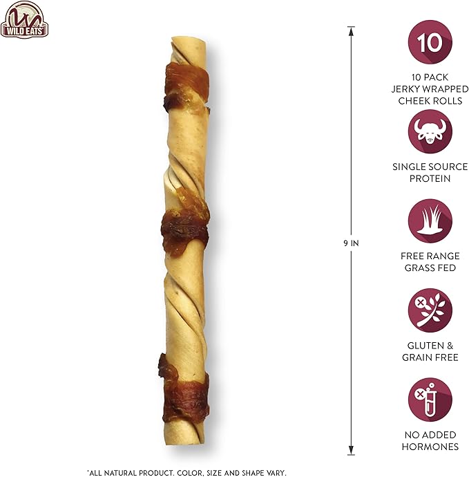 Wild Eats Water Buffalo Jerky Wrapped Cheek Twist Dog Chews - 10 Pack (Healthy Alternative for Beef Rawhides for Dogs, Natural Treat, Single Source Protein Dog Treat)