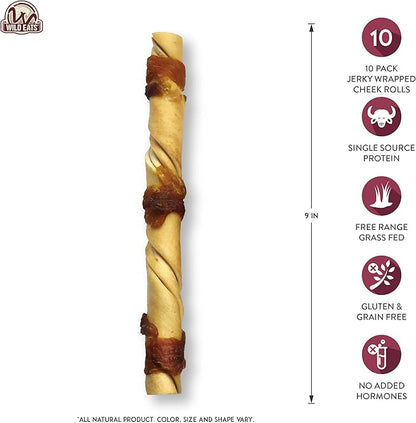 Wild Eats Water Buffalo Jerky Wrapped Cheek Twist Dog Chews - 10 Pack (Healthy Alternative for Beef Rawhides for Dogs, Natural Treat, Single Source Protein Dog Treat)