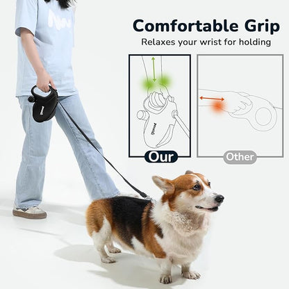Pecute 32ft Retractable Dog Leash with Reflective Strips, 360° Tangle-Free, One-Button Control & Sturdiness Nylon Material, Long Leash Retractable with Poop Bag Holder for Medium Large Dog