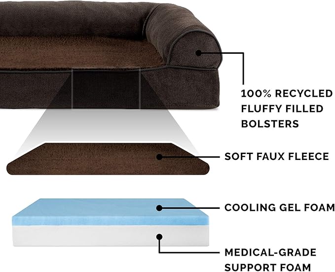 Furhaven Cooling Gel Dog Bed for Medium/Small Dogs w/ Removable Bolsters & Washable Cover, For Dogs Up to 35 lbs - Sherpa & Chenille Sofa - Coffee, Medium