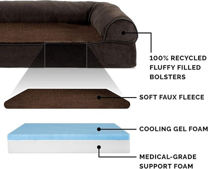 Furhaven Cooling Gel Dog Bed for Medium/Small Dogs w/ Removable Bolsters & Washable Cover, For Dogs Up to 35 lbs - Sherpa & Chenille Sofa - Coffee, Medium