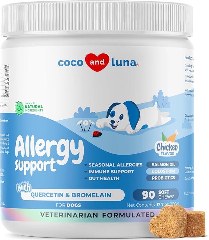 Allergy Support for Dogs - with Vitamin C, Omega 3 and Colostrum - Itch Relief, Allergy Relief for Dogs, Skin Soother - with Probiotics for Immune System Health (90 Soft Chews)
