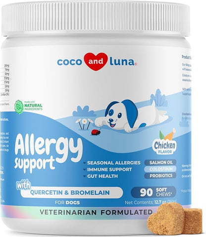 Allergy Support for Dogs - with Vitamin C, Omega 3 and Colostrum - Itch Relief, Allergy Relief for Dogs, Skin Soother - with Probiotics for Immune System Health (90 Soft Chews)