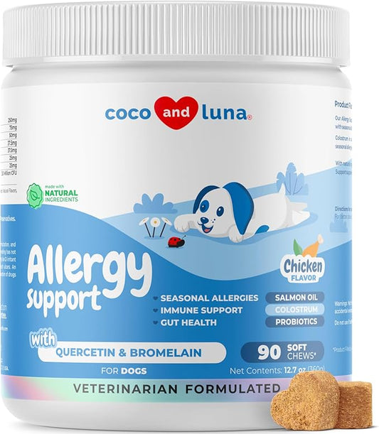 Allergy Support for Dogs - with Vitamin C, Omega 3 and Colostrum - Itch Relief, Allergy Relief for Dogs, Skin Soother - with Probiotics for Immune System Health (90 Soft Chews)
