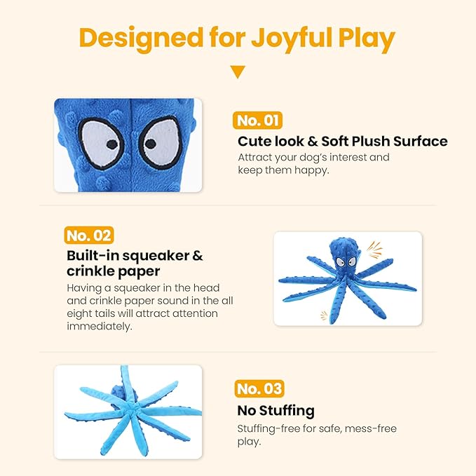 HGB Squeaky Dog Toys - Octopus No Stuffing Crinkle Plush Large Dog Toys to Keep Them Busy, Interactive Puppy Teething Chewing Pet Supplies for Chewer, Small, Medium, Large Breeds, 2 Pack