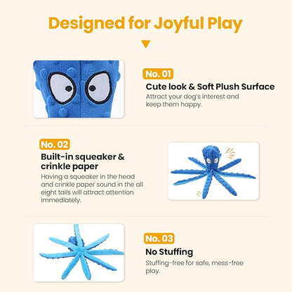 HGB Squeaky Dog Toys - Octopus No Stuffing Crinkle Plush Large Dog Toys to Keep Them Busy, Interactive Puppy Teething Chewing Pet Supplies for Chewer, Small, Medium, Large Breeds, 2 Pack