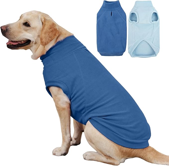 IECOii 2 Pack Fleece Dog Sweaters for Large Breeds Winter Sweatshirts Stretchy & Cozy Coat for Cold Weather, Labrador Pullover Vest with Leash Hole, Machine Washable (Size 3XL, Dark Blue & Light Blue)
