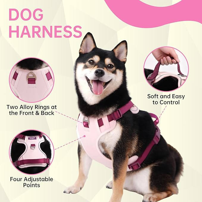No Pull Dog Harness Leash and Collar Set, Soft Adjustable Dogs Vest Reflective and Comfortable Handle Pink Small