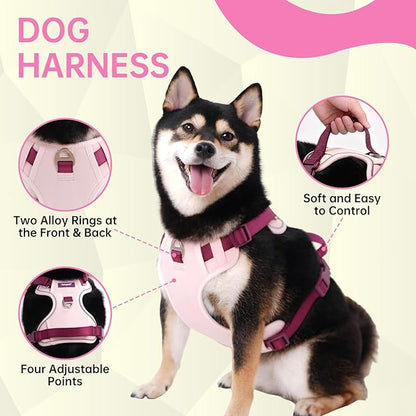 No Pull Dog Harness Leash and Collar Set, Soft Adjustable Dogs Vest Reflective and Comfortable Handle Pink X-Large
