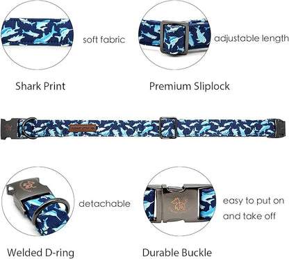 Elegant little tail Dog Collar, Blue Shark Pattern Pet Collar Durable Cute Dog Collars Male or Female Pet Gift Adjustable Dog Collar for Medium Dogs