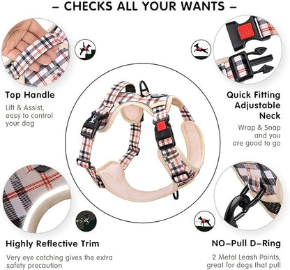 PoyPet Plaid Dog Harness, No Pull Front Clip Pet Vest Harness, Soft Padded Reflective Adjustable Walking Harness with Handle for Medium Dogs(Checkered Beige,M)