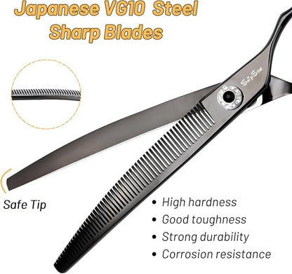 7.5inch Curved Thinner Dog Grooming Scissors, 56 Teeth Professional Dog Cutting Scissors, 25 Degree Bend High-end Shears for Pet Groomers or Family Use, with Symmetric Handle, Thinning Rate 25%, Black
