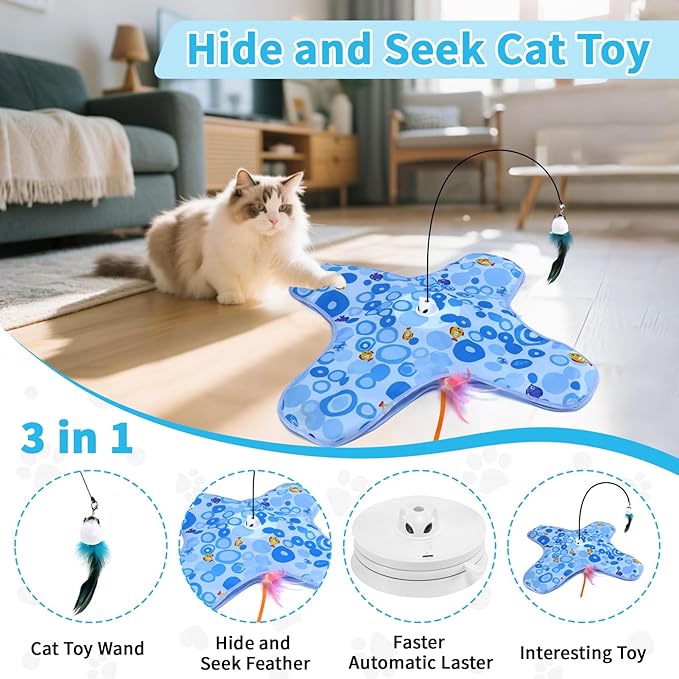 DFQ Interactive Cat Toy,3 in 1 Hide and Seek for Indoor Cats, Rechargeable Touch-Activated Moving Feather Wand with Concealed Motion, Play Toy for Kittens and Adult Cats (Blue)