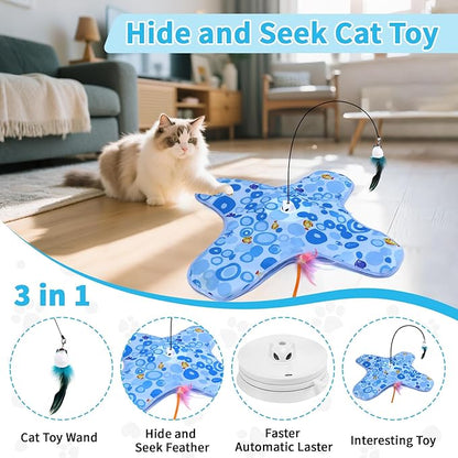 DFQ Interactive Cat Toy,3 in 1 Hide and Seek for Indoor Cats, Rechargeable Touch-Activated Moving Feather Wand with Concealed Motion, Play Toy for Kittens and Adult Cats (Blue)