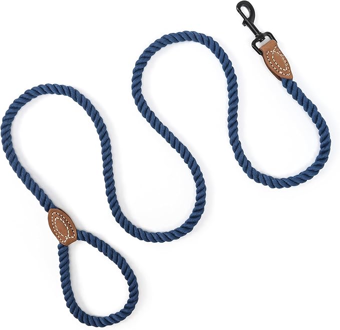 Mile High Life Dog Leash, Braided Cotton Rope Leashes with Leather Tailor Tip with Leather Tip - Heavy Duty Metal Clasp, 4FT, 1/2" Thick - Wedding, Walking Leash for Medium Large Dogs(Navy)