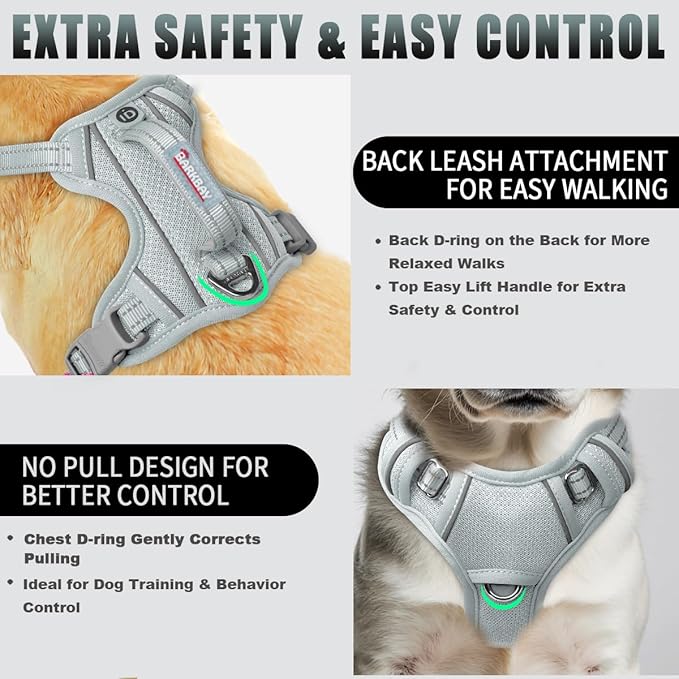 BARKBAY No Pull Dog Harness Large Reflective Dog Harness with Front Clip and Easy Control Handle for Walking Training Running with ID tag Pocket(Grey,S)
