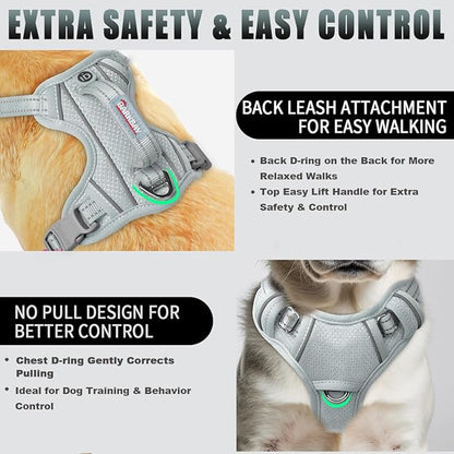 BARKBAY No Pull Dog Harness Large Reflective Dog Harness with Front Clip and Easy Control Handle for Walking Training Running with ID tag Pocket(Grey,S)