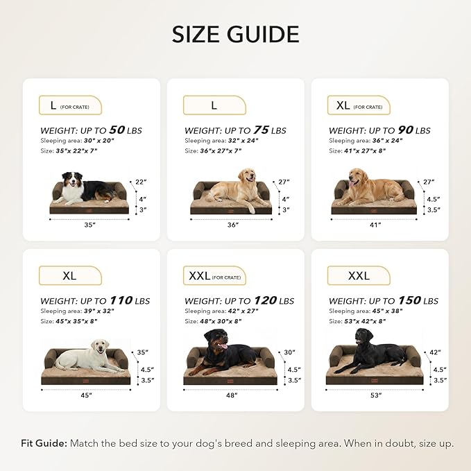 Casa Paw Orthopedic Dog Beds for Extra Large Dogs, Waterproof Egg Crate Foam XL Dog Bed with Sides 41x27Inch, Washable Big Dogs Couch Beds with Removable Cover and Nonskid Bottom, Brown