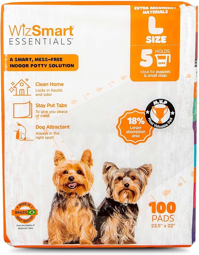 WizSmart Essentials Large Dog Pads, 23.5" x 22", Extra Absorbent Puppy Training Pads, Indoor Potty Pads, Leakproof Gel Pads for Small Dogs, Crate, House, Travel, Eco-Friendly, Non-Slip - 100 Count