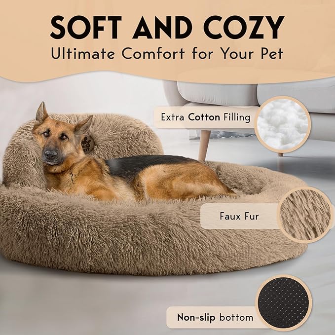 PetJett XL Dog Beds for Large Sized Dog - 45'' Extra Large Dog Bed, Anti-Slip & Washable Super Soft Round Donut Bed, Fluffy Faux Fur Anti-Anxiety Premium Comfort Pet Bed, Fits Dogs up to 120 lbs