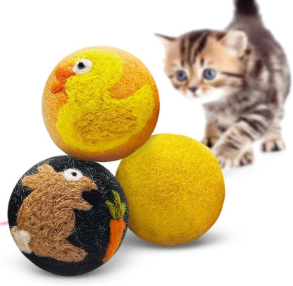 Hustle & Blush Love Ewe Felted Cat Toys 3 Pack - 2 Inch Duck & Bunny Hand Made Cute & Fun Design Kitten Wool Felt Balls for Indoor Play & Exercise - 100% New Zealand Handmade Felted Balls
