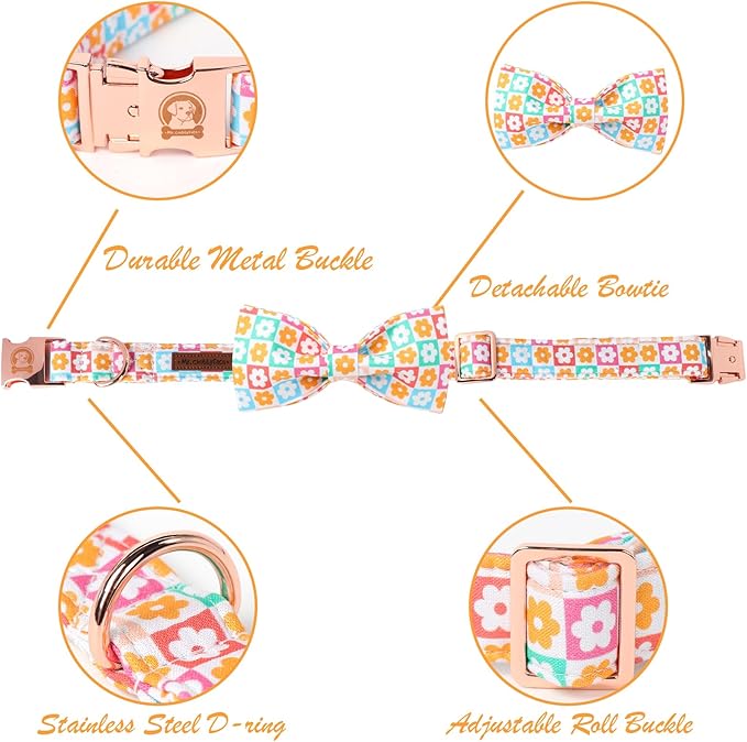 Cute Dog Collar with Bow Tie, Spring Summer Flower Plaid Bowtie Dog Collar, Durable Adjustable Cotton Pet Collar for Small Medium Large Dogs XS