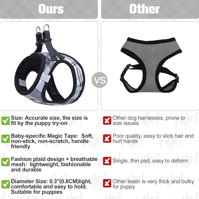 BEAUTYZOO Small Dog Harness and Leash Set,Step in No Choke No Pull Soft Mesh Dog Harnesses Reflective for Extra-Small Medium Puppy Dogs and Cats, Plaid Dog Vest Harness for XS S Pets, Grey XXS