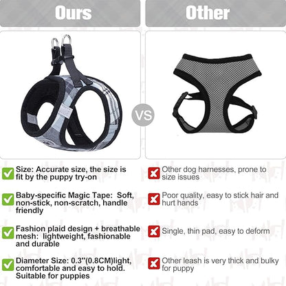 BEAUTYZOO Small Dog Harness and Leash Set,Step in No Choke No Pull Soft Mesh Dog Harnesses Reflective for Extra-Small Medium Puppy Dogs and Cats, Plaid Dog Vest Harness for XS S Pets, Grey XXS