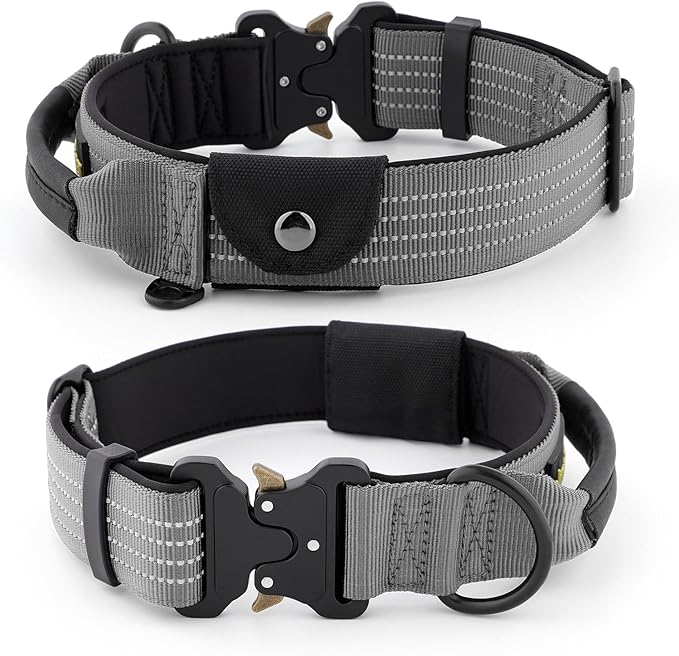 Plutus Pet Tactical Dog Collar with Tracker Pocket for AirTag, Adjustable Reflective Nylon Collar, Metal Buckle, Leather-Wrapped Handle, Soft Padded for Medium Large Dogs (Gray, S)