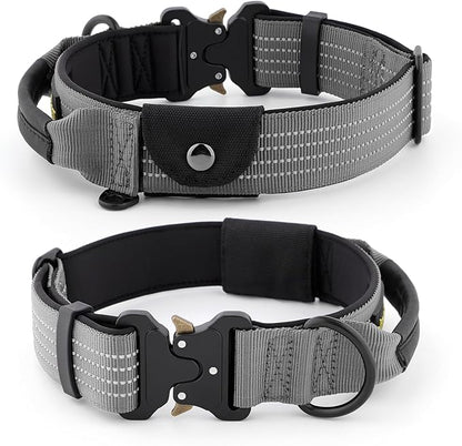 Plutus Pet Tactical Dog Collar with Tracker Pocket for AirTag, Adjustable Reflective Nylon Collar, Metal Buckle, Leather-Wrapped Handle, Soft Padded for Medium Large Dogs (Gray, S)