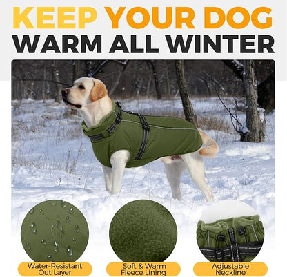 Lelepet Waterproof Dog Jacket with Harness Built in Warm Dog Winter Coat, Reflective Fleece Jacket, Dogs Coats for Lage Dogs, Thermal Pet Snowsuit for Outdoor Walking, French Bulldogs, Army Green, L