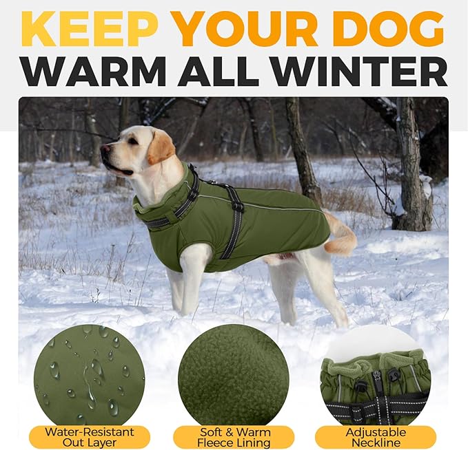 Lelepet Dog Coat with Harness Built in, Waterproof Dog Jacket for Large Dogs Reflective Winter Jacket with Zip Warm Cold Weather Coats for Dogs,Turtleneck Snowsuit, Great Dane, Army Green, XXXL