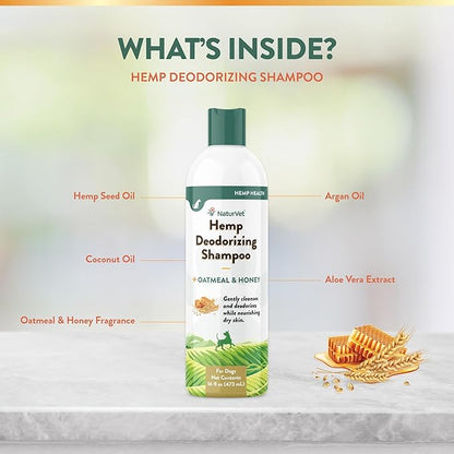 NaturVet – Hemp Deodorizing Shampoo for Dogs - Plus Oatmeal & Honey – 16 oz – Gently Cleanses & Deodorizes Skin & Coat – Enhanced with Hemp Seed Oil, Coconut Oil & Aloe Vera Extract