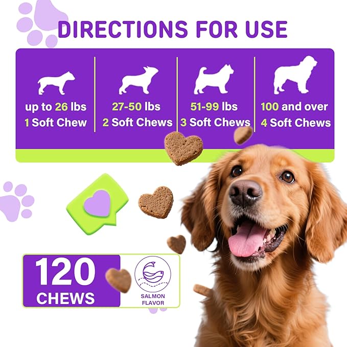 Turmeric Chews for Dogs with Curcumin & Coconut Oil Joint Pain Relief, Anti-Inflammatory Antioxidant Support, 120 Salmon-Flavored Soft Chews for Hip & Joint Mobility (120 Ct, Salmon)
