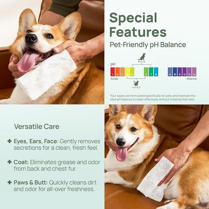 HICC PET Wipes for Dogs & Cats, Vet Recommended Cleaning Deodorizing & Soothing Allergy Infections Anal Gland Wipes, Hypoallergenic Hydrating & Nourish Fur Dog Grooming Wipes for Paw, Butt, Body