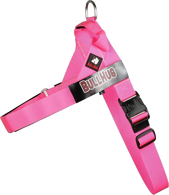 BULLHUG Adjustable Dog Harness– No Pull, No Choke – for English Bulldogs, French Bulldogs, Pugs & Broad-Chested Breeds – Easy, Safe Walks (NEON Pink, Medium)
