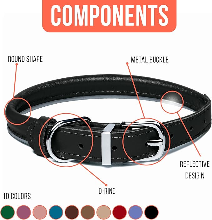 OOPSDOGGY Rolled Leather Dog Collar Reflective Roll Collars for Small Medium Large Dogs Puppy (Black, XL, 17'' - 21'')