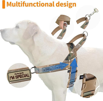 No Pull Dog Harness for Small Medium Large Sized Dogs, Escape Proof Adjustable Dog Harnesses with 2 Patch, Green Camo, S