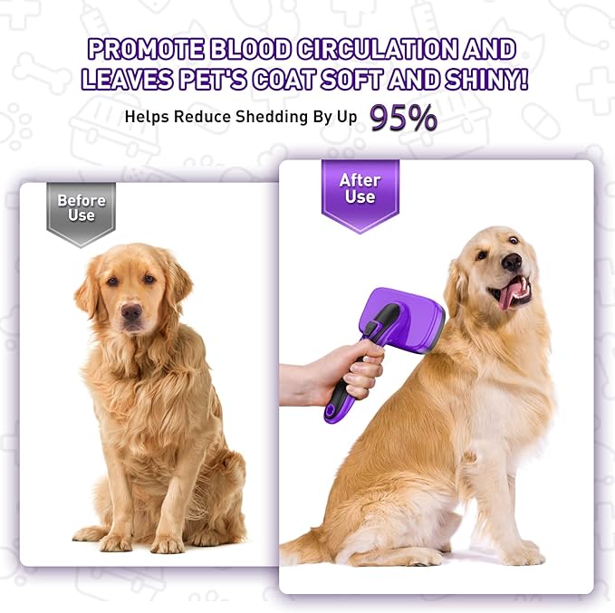 WOPQAEM Self Cleaning Slicker Brush for Dog, Cat, Skin Friendly Shedding & Grooming Tool for Long and Short Haired Pets, Easy Clean Retractable Bristles, Purple