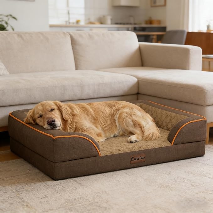 Casa Paw Orthopedic XL Dog Beds, Waterproof Memory Foam Big Pet Bed for Extra Large Sized Dogs 45x35Inch, Non-Slip Bottom and Egg-Crate Foam Dog Couch Bed with Washable Removable Cover, Brown