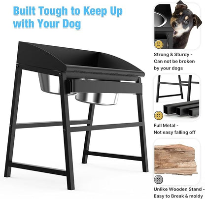 Elevated Dog Bowls for Large Dog, 15“ Tall Raised Food and Water Bowl Set with Stand, Full Metal Spill Proof Design and Stainless Bowls for Indoor & Outdoor Use